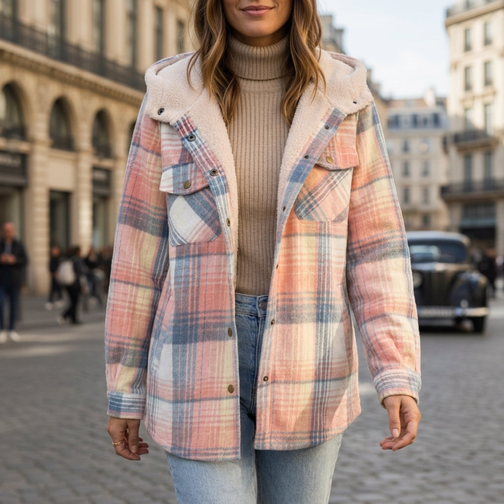 Women's sandstone plaid hooded plaid shirt jacket