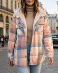 Women's sandstone plaid hooded plaid shirt jacket