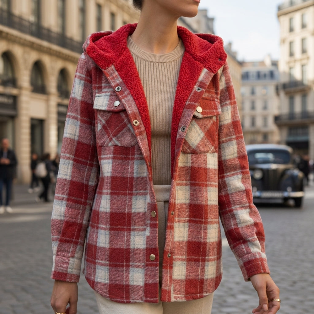 Women's hooded plaid shirt jacket