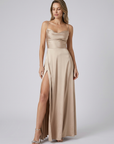 Women’s champagne women's satin maxi dress slit open back