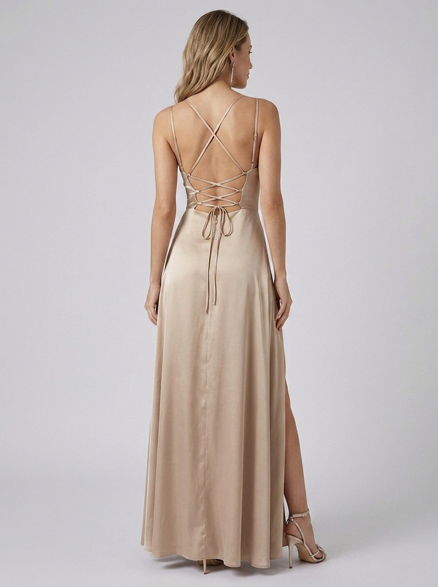 Women’s champagne women's satin maxi dress slit open back