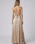 Women’s champagne women's satin maxi dress slit open back