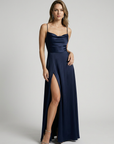 Women’s champagne women's satin maxi dress slit open back