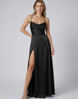 Women’s champagne women's satin maxi dress slit open back