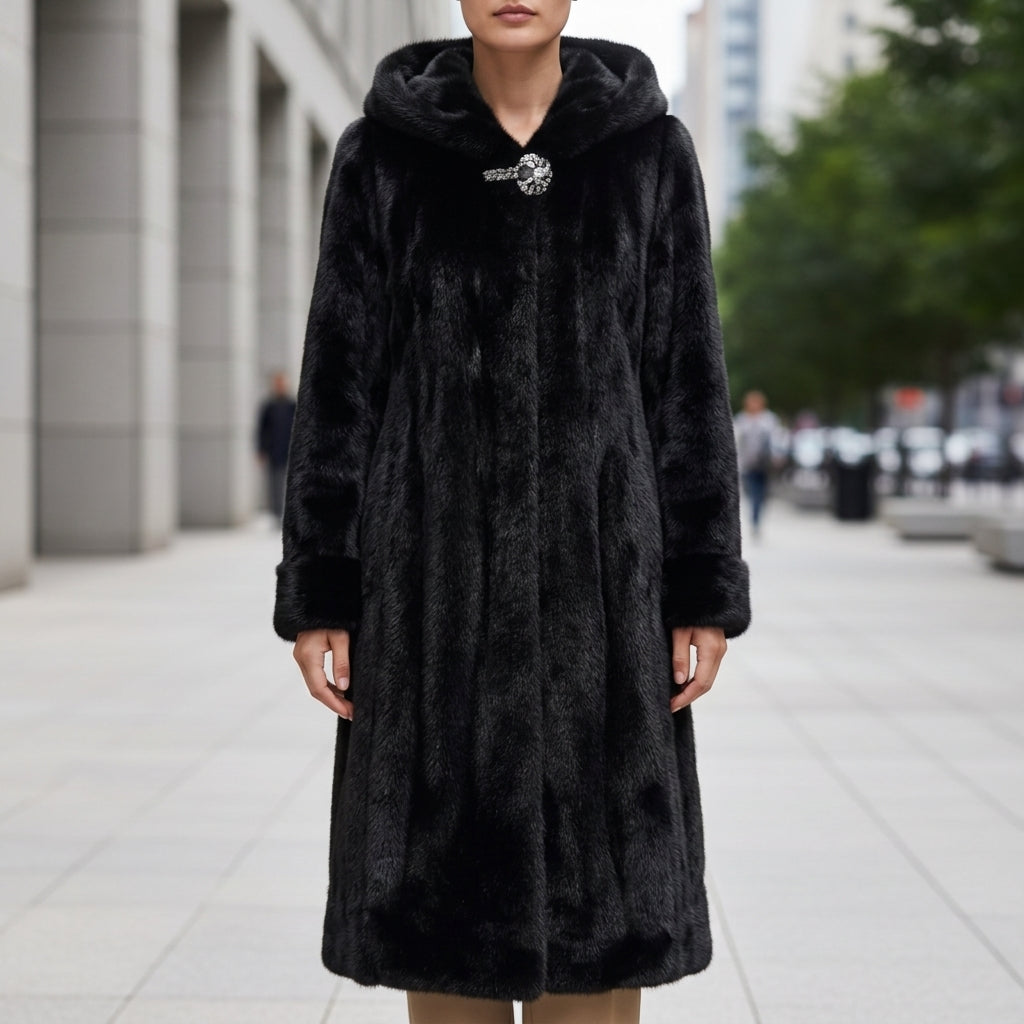 Women's black faux fur hooded coat