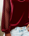 Blouse Long Sleeve Sheer V-Neck Elegant Fit 4