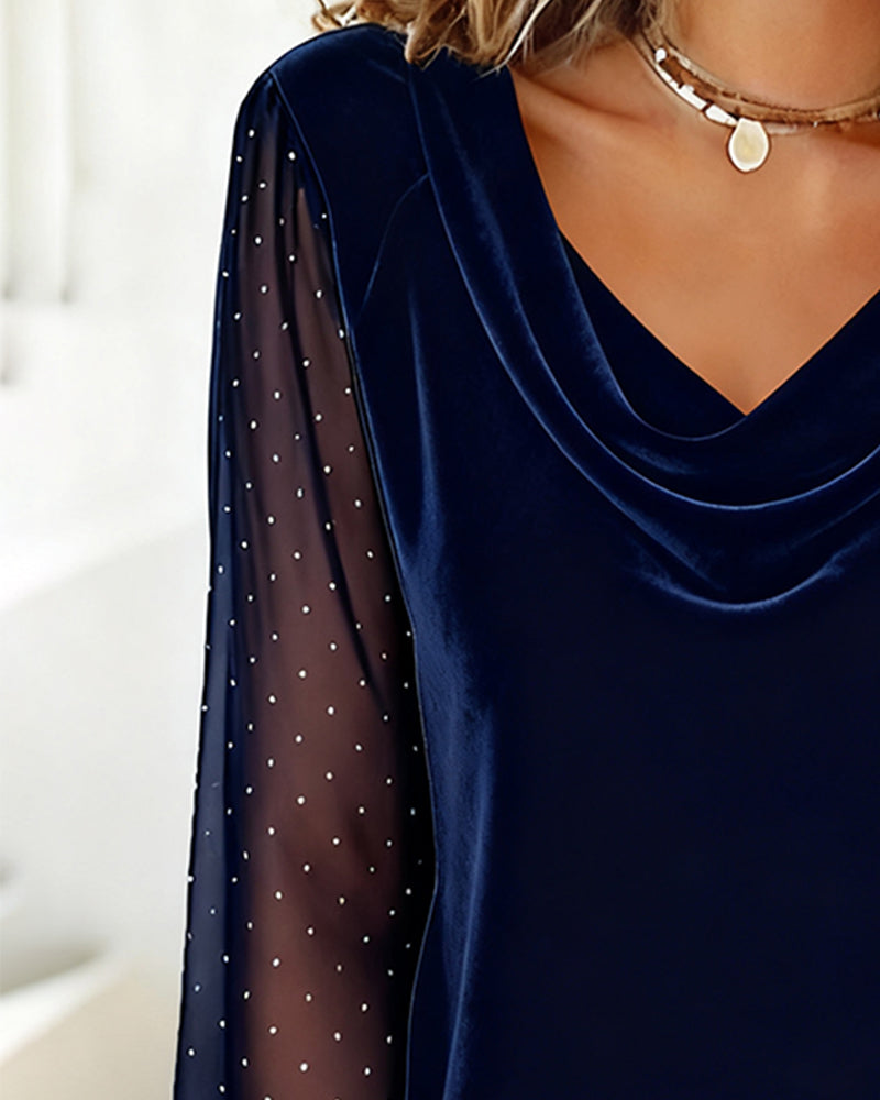 Blouse Long Sleeve Sheer V-Neck Elegant Fit 8