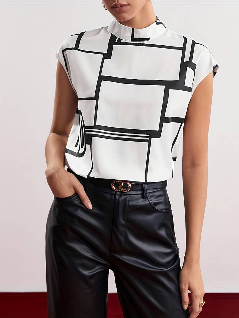 Blouse Sleeveless Mock Neck Graphic Print Top 0