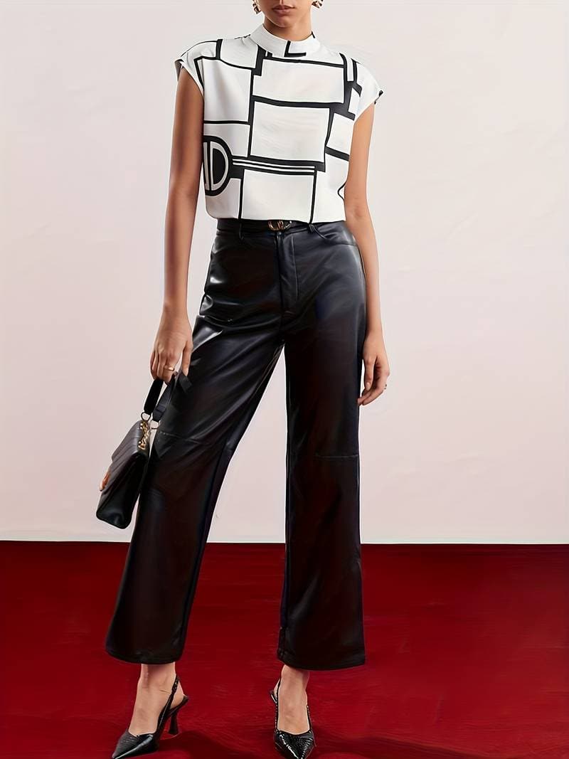 Blouse Sleeveless Mock Neck Graphic Print Top 1