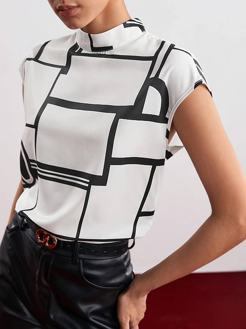 Blouse Sleeveless Mock Neck Graphic Print Top 3