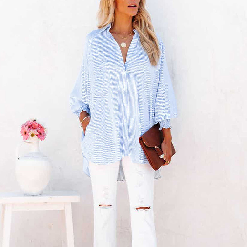 Blouse Striped Long Sleeve Relaxed Fit Top 0