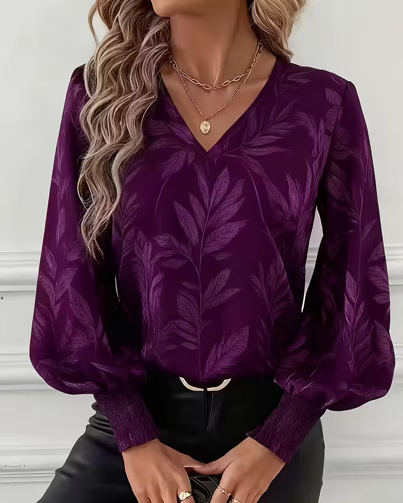 Blouse V-Neck Floral Print Long Sleeve Top 2