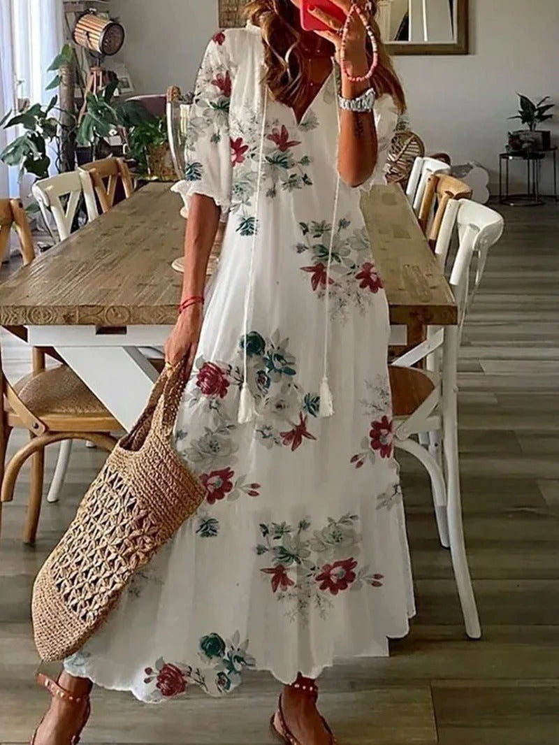 Bohemian Summer Dress Maxi V-Neck Short Sleeve Lightweight Casual Women 7