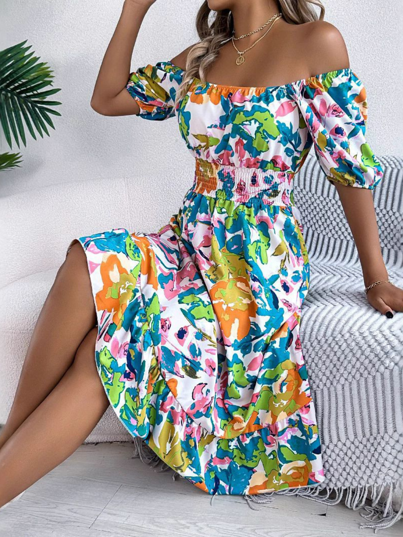 Boho Midi Dress With Off Shoulder Design 2