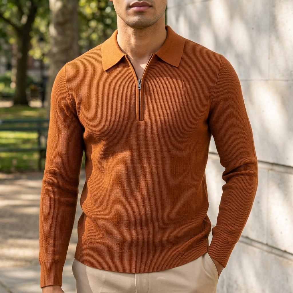 Men's chestnut tan quarter-zip sweater