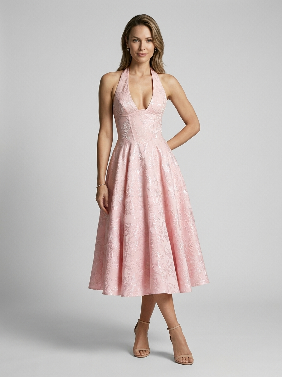 Women’s pink women's jacquard midi dress halterneck