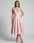 Women’s pink women's jacquard midi dress halterneck