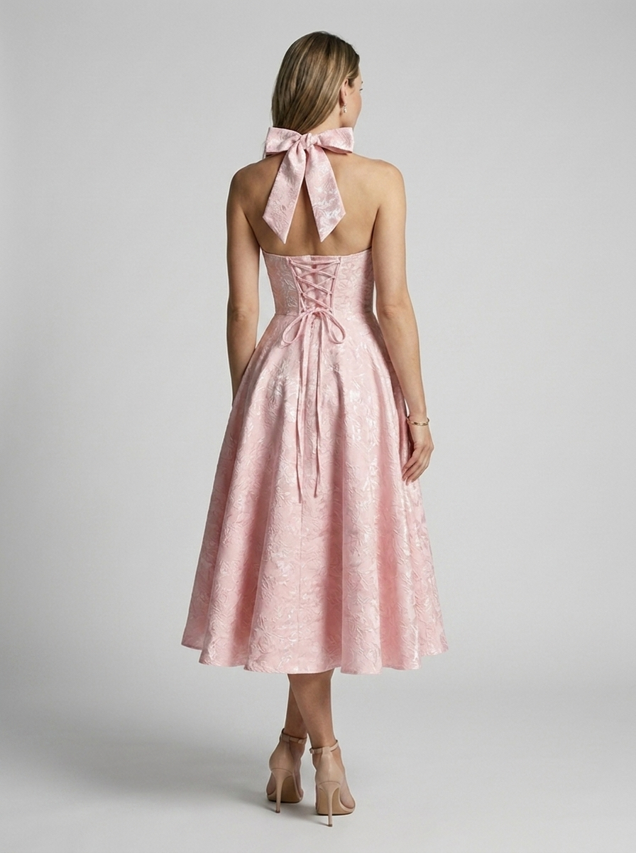 Women’s pink women's jacquard midi dress halterneck