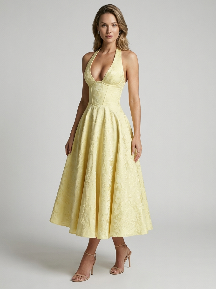 Women’s pink women's jacquard midi dress halterneck