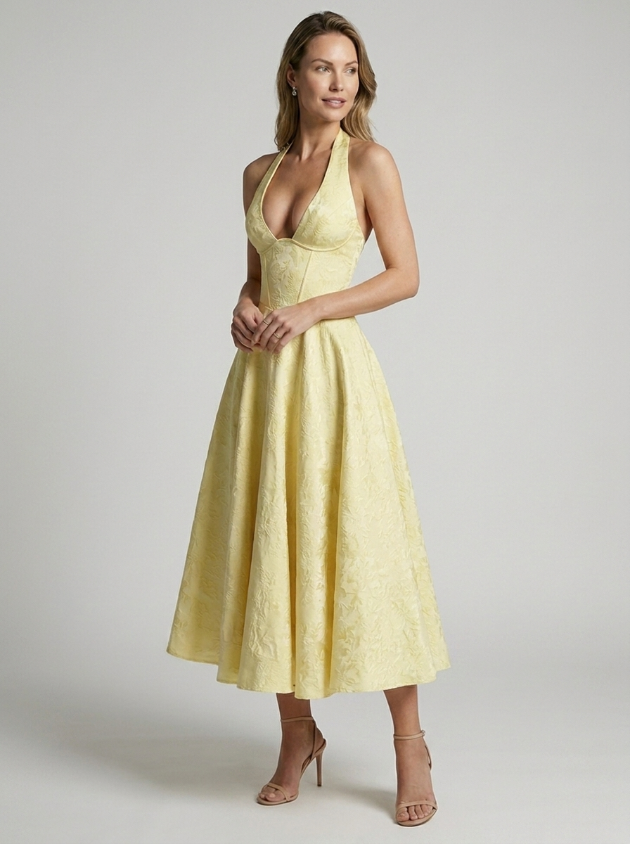 Women’s women's jacquard midi dress halterneck