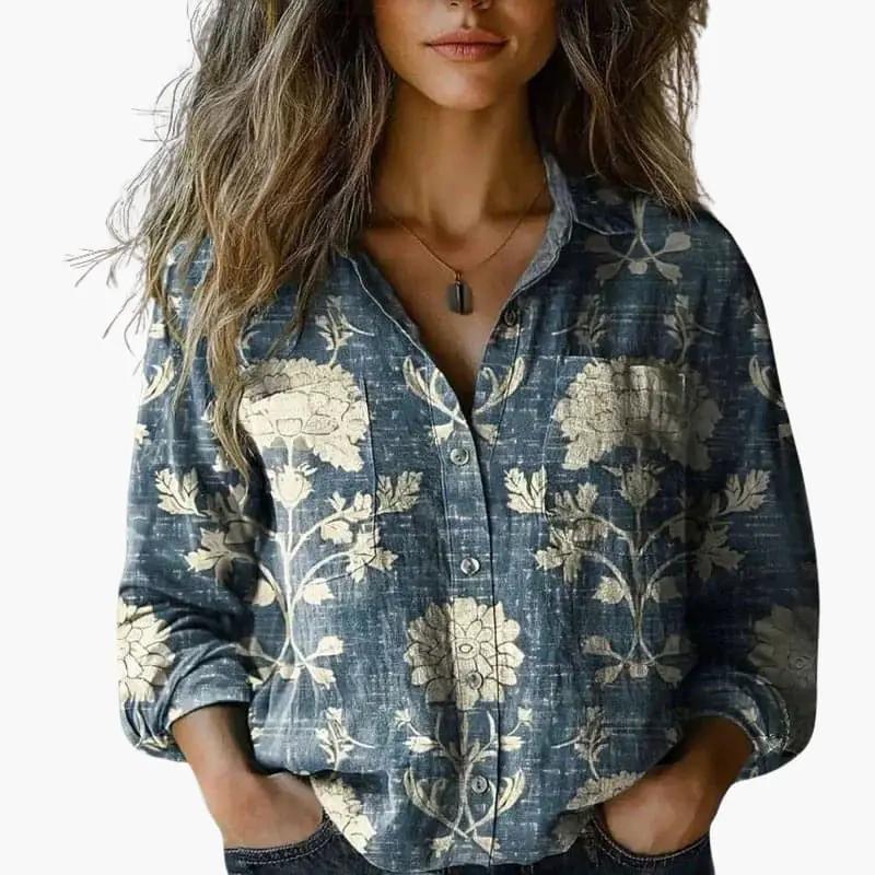 Button-Down Shirt Women Long Sleeve Classic Collar Hip-Length Woven 8