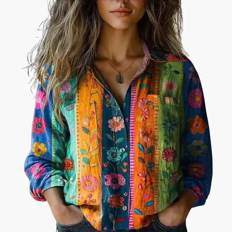 Button-Down Shirt Women Long Sleeve Classic Collar Hip-Length Woven 9