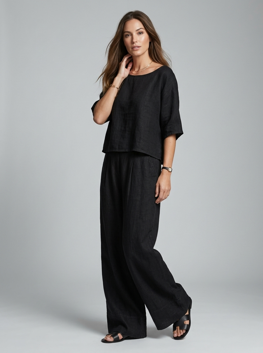 Women’s white women's linen two piece set wide leg
