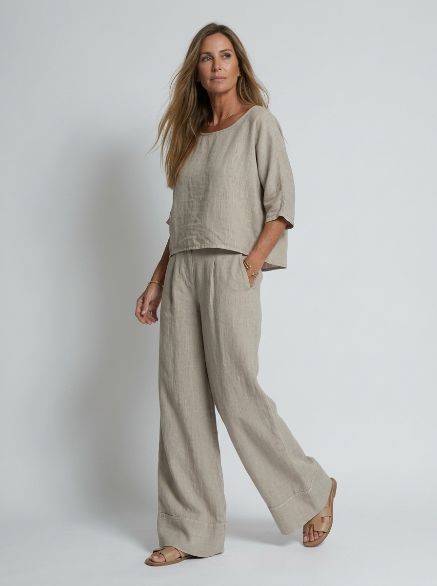 Women’s white women's linen two piece set wide leg