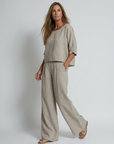 Women’s white women's linen two piece set wide leg