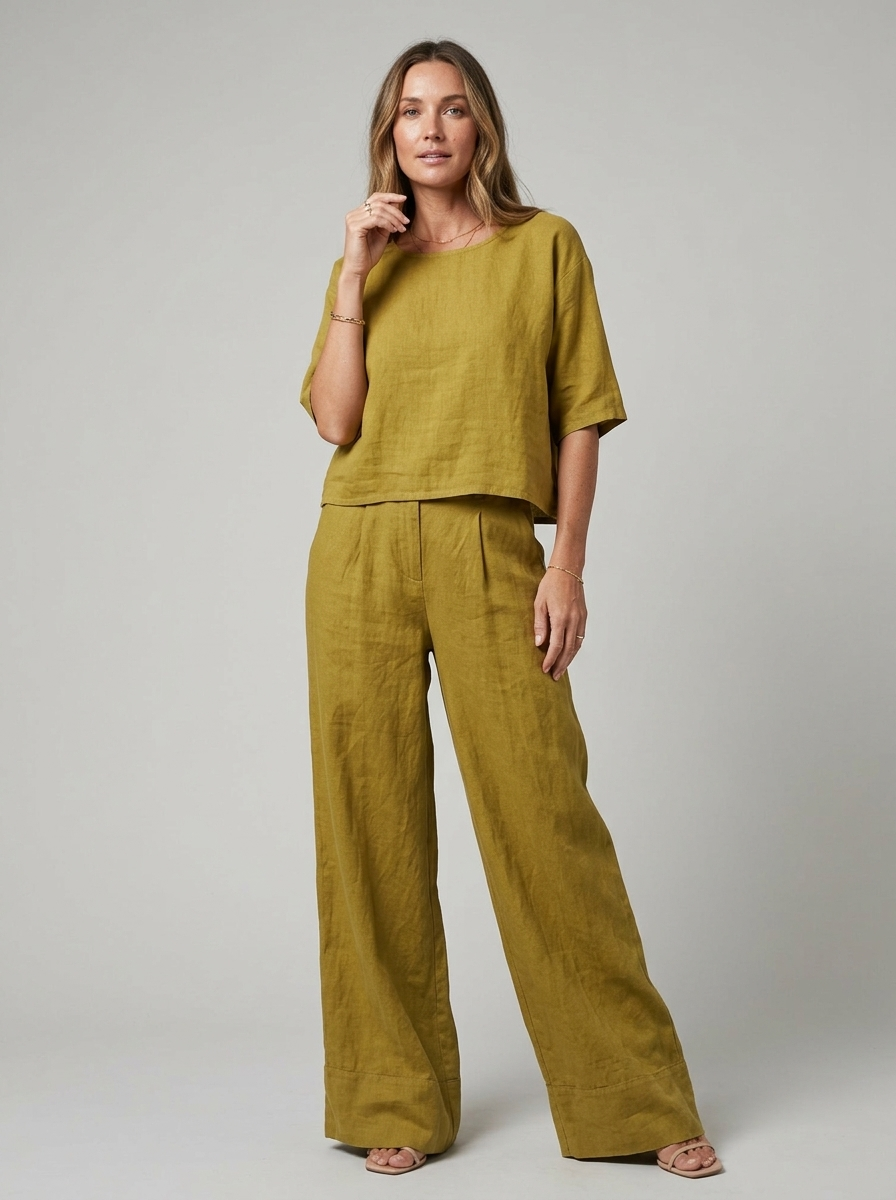 Women’s white women's linen two piece set wide leg
