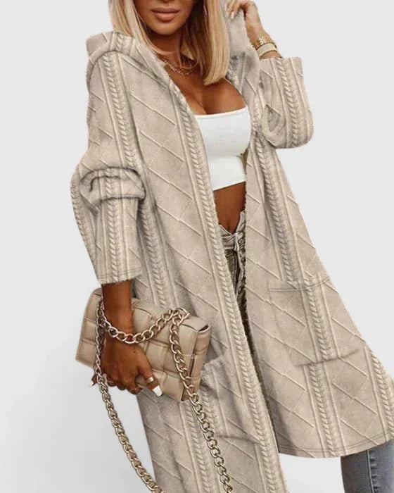 Women's beige longline hooded knit cardigan