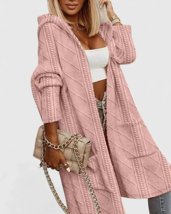 Women's beige longline hooded knit cardigan