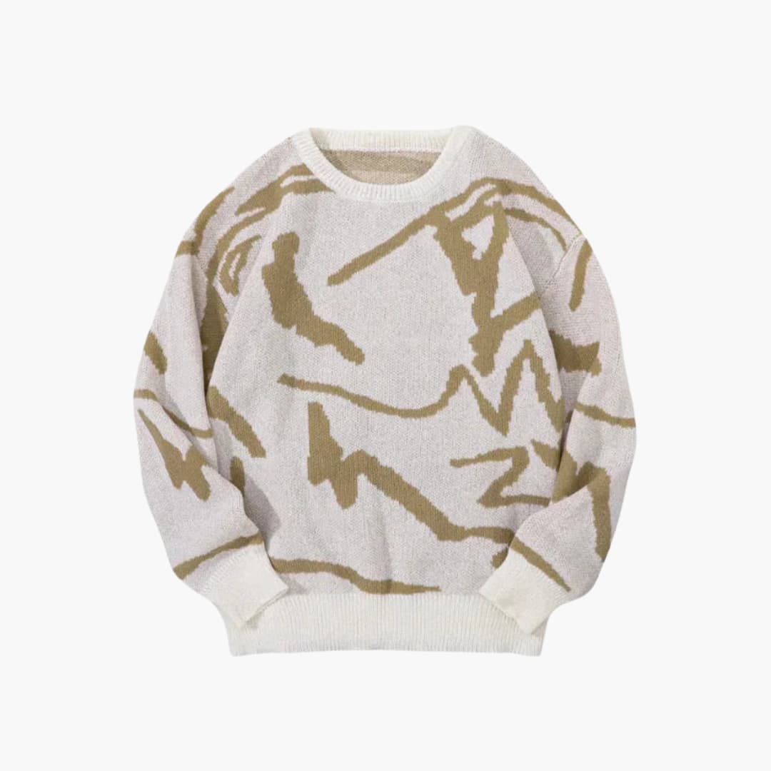 Men's tan knit jumper with abstract pattern and ribbed trim