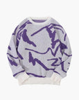 Men's tan knit jumper with abstract pattern and ribbed trim
