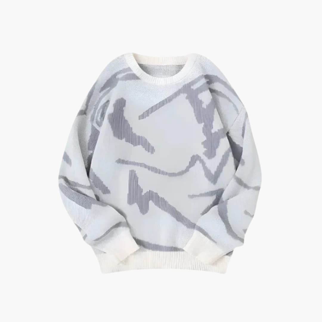 Men's tan knit jumper with abstract pattern and ribbed trim