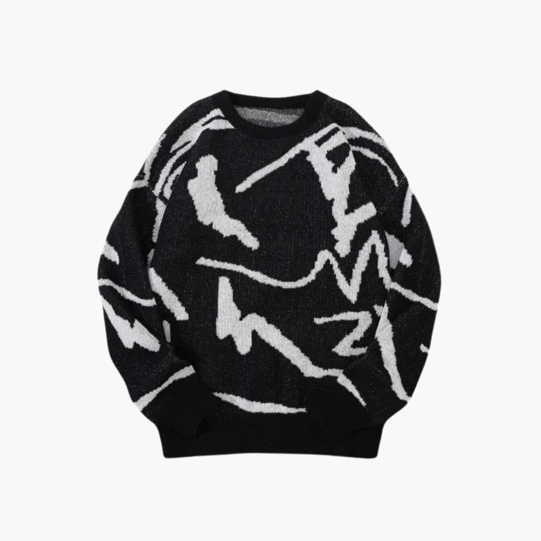 Men's tan knit jumper with abstract pattern and ribbed trim