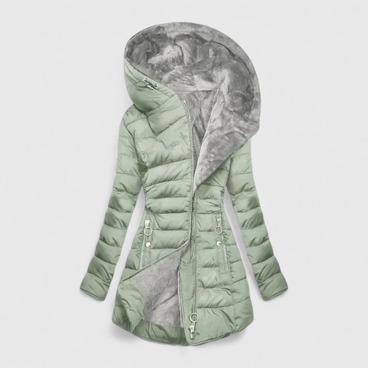 Women's light green faux fur-lined winter coat