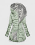 Women's light green faux fur-lined winter coat