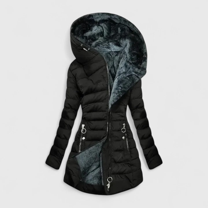 Women's light green faux fur-lined winter coat