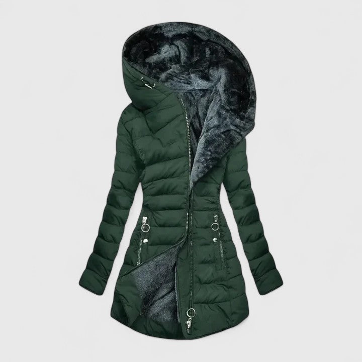Women's light green faux fur-lined winter coat