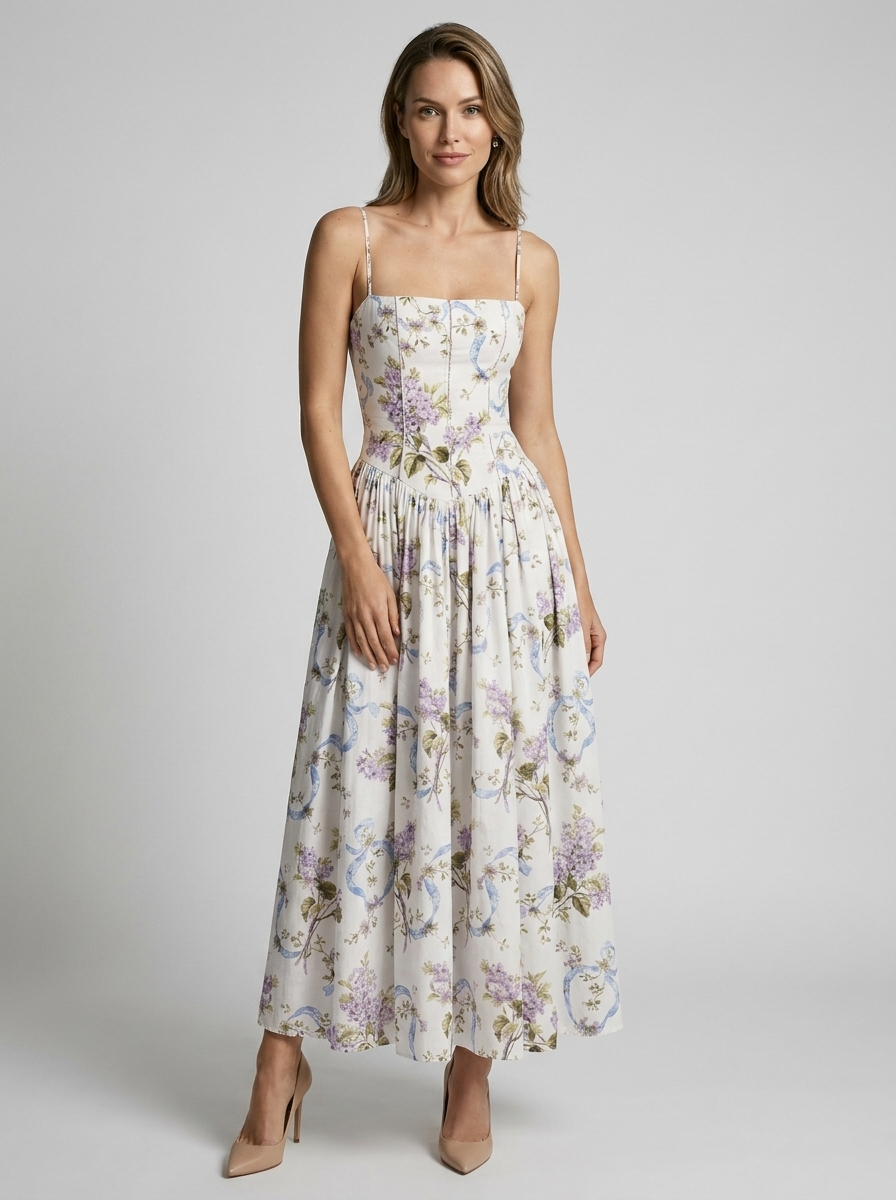 Women’s white and purple women's floral corset midi dress
