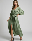 Women’s green women's maxi dress slit tie belt v-neck