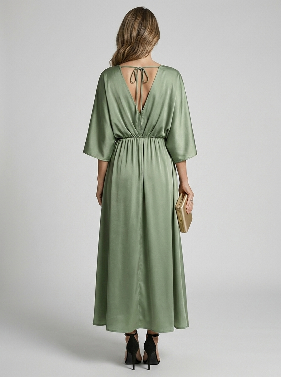 Women’s green women's maxi dress slit tie belt v-neck