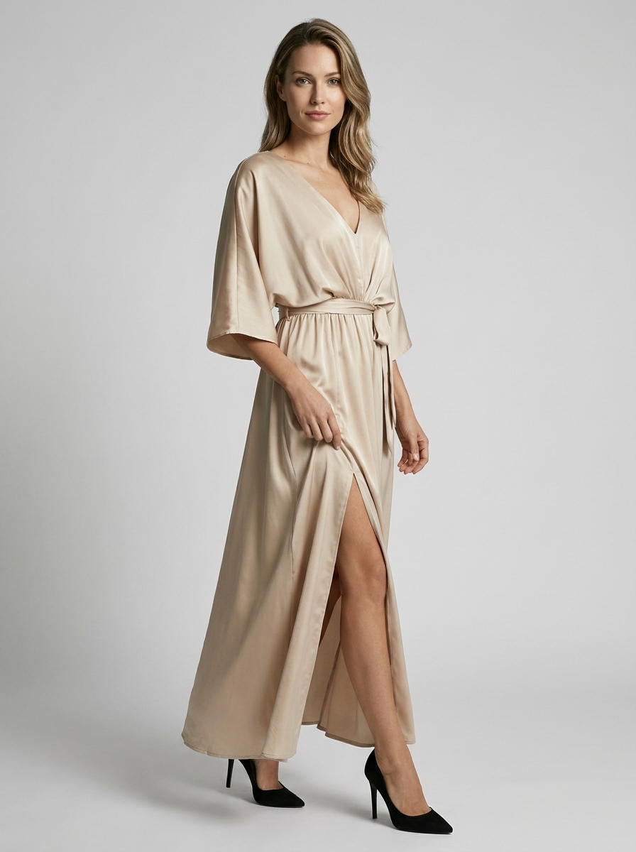 Women’s green women's maxi dress slit tie belt v-neck