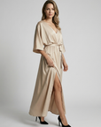 Women’s green women's maxi dress slit tie belt v-neck