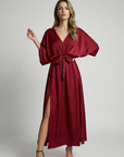 Women’s green women's maxi dress slit tie belt v-neck