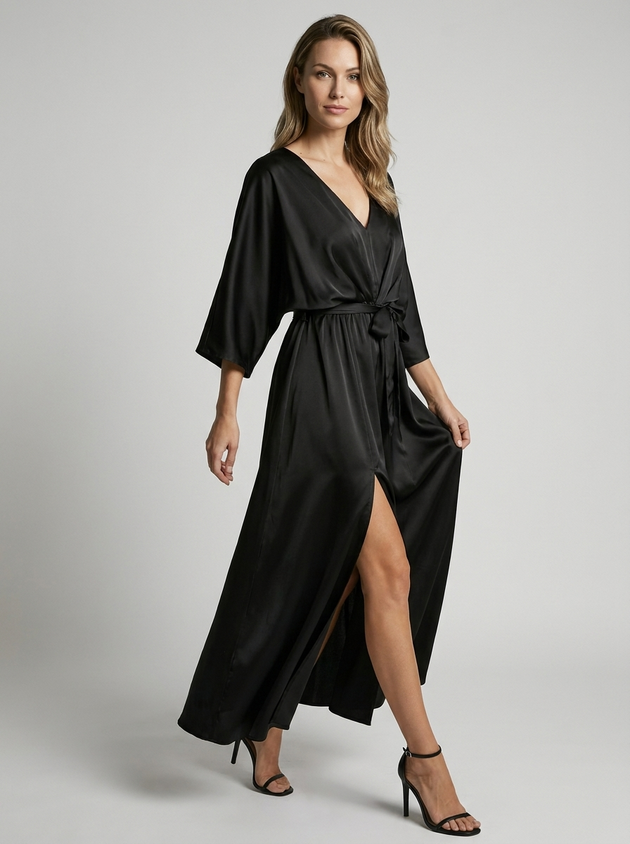 Women’s green women's maxi dress slit tie belt v-neck