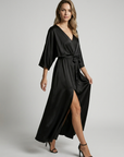 Women’s green women's maxi dress slit tie belt v-neck
