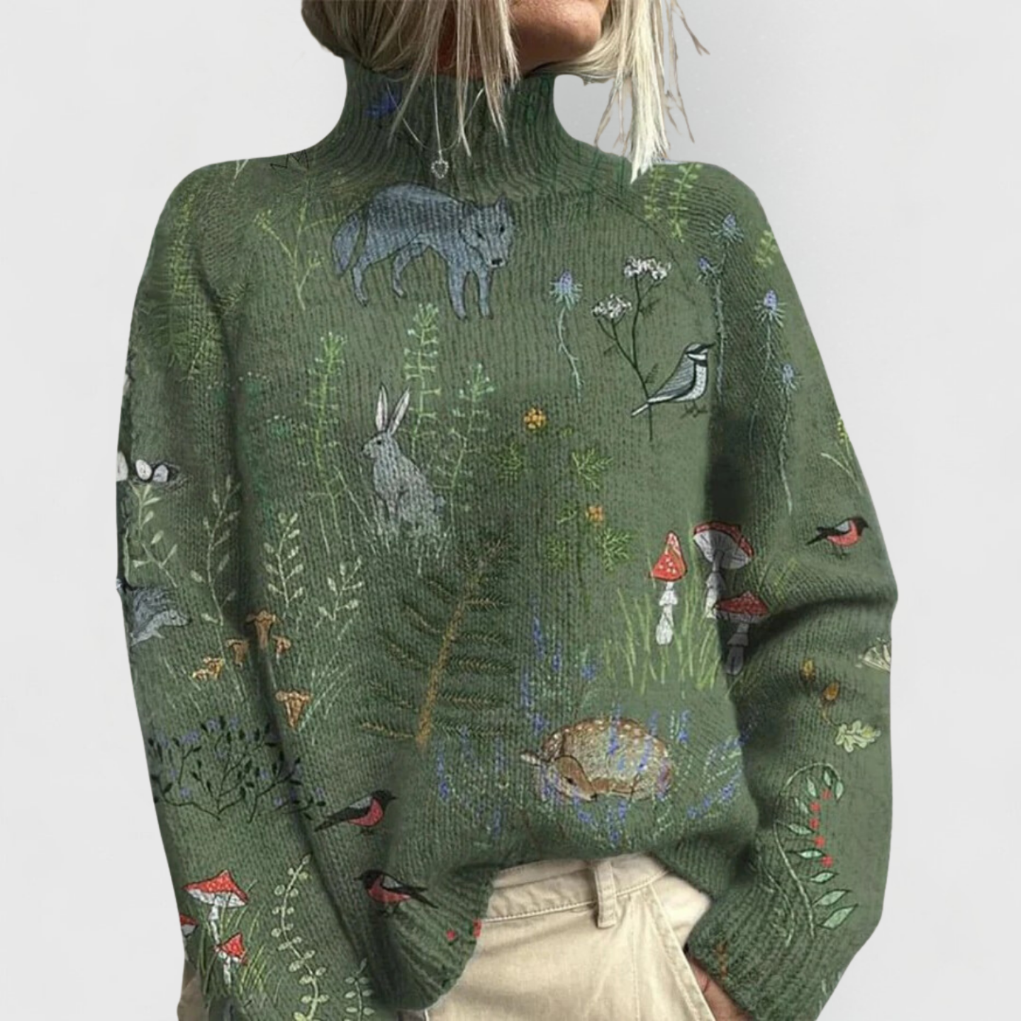 Women's green turtleneck knit jumper with relaxed fit