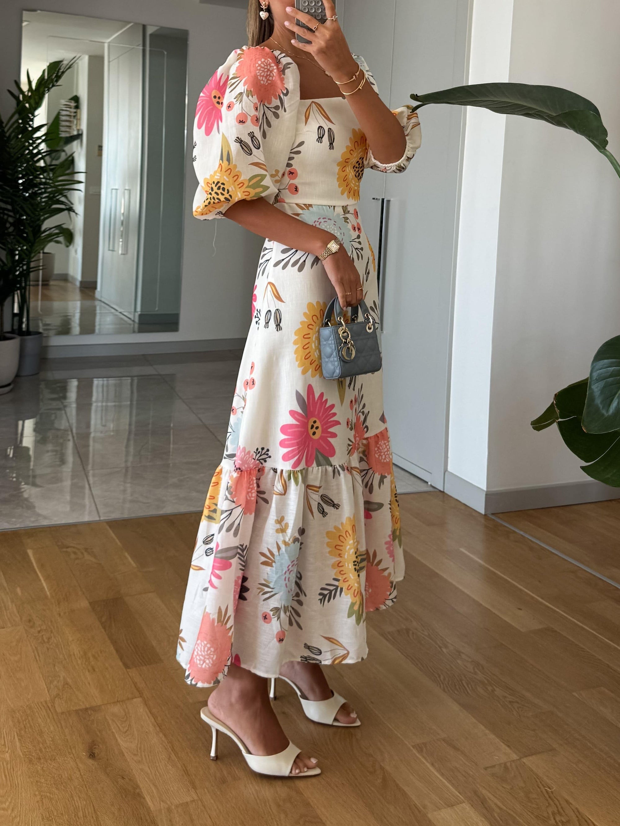 Charming Floral Midi Dress With Puff Sleeves 4